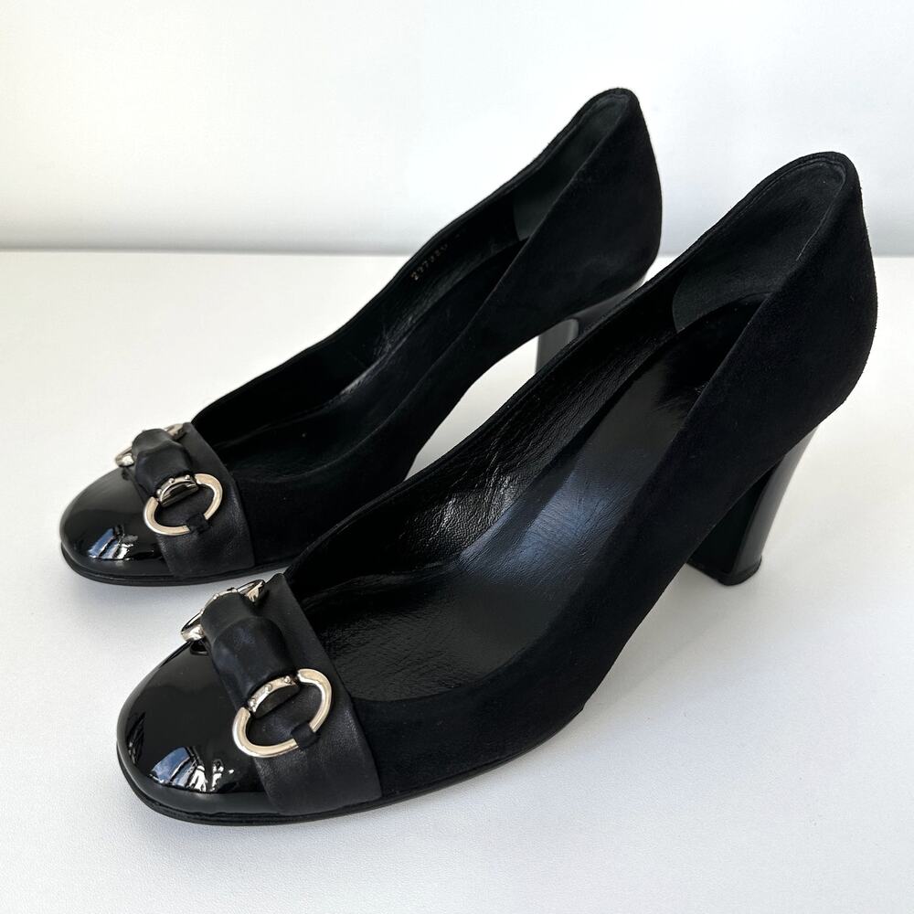 Gucci Classic Black Suede Pumps Bamboo Horsebit Cap Toe IT 39 - Picture 2 of 15